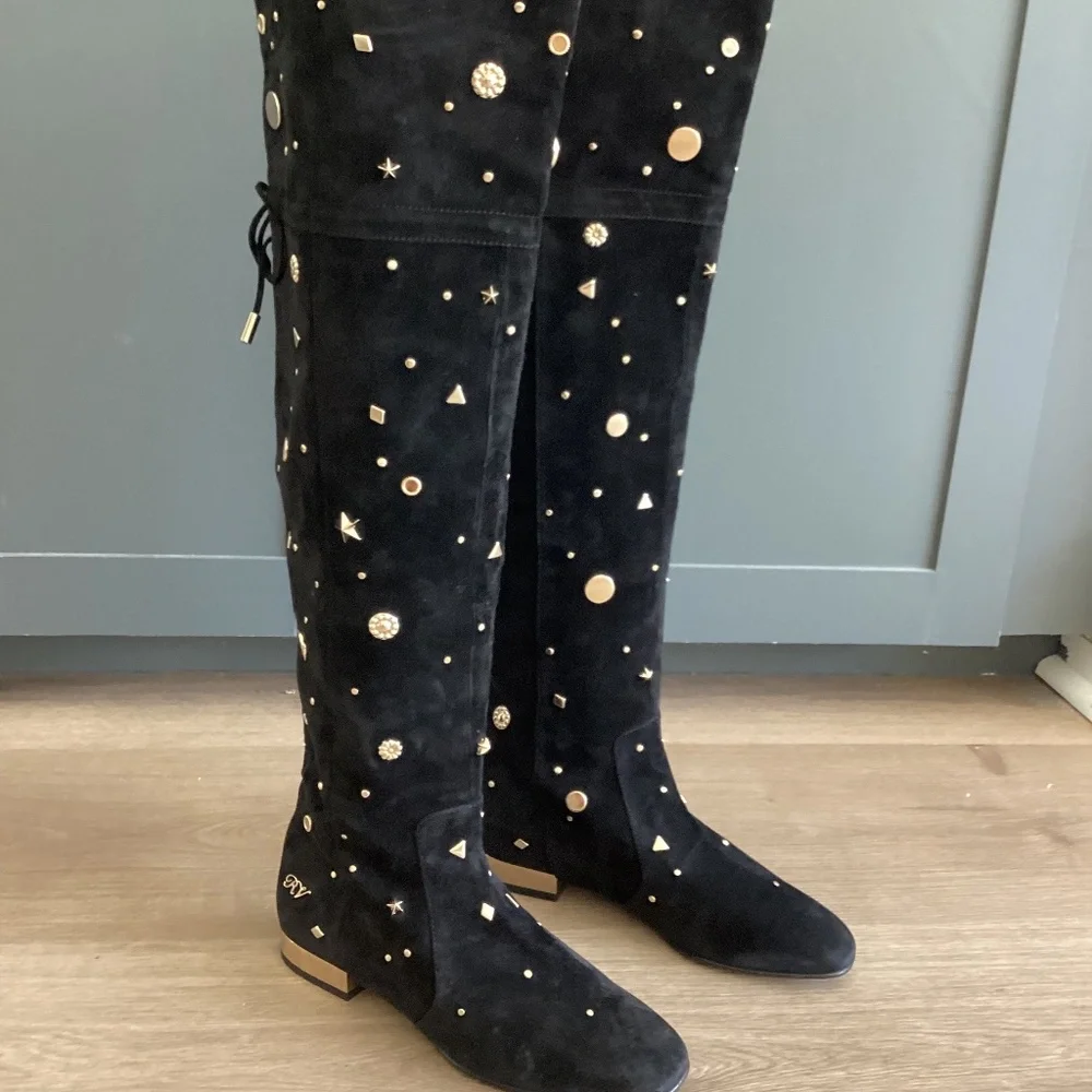 REDUCED ROGER VIVIER Embellished Studded Accent Black Suede OTK Boots Size 37 7